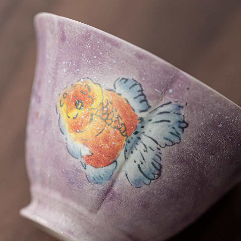 Ladies cover bowl purple tea cup ceramic is not hot, household high-end tea set under glaze hand-painted national style goldfish gift