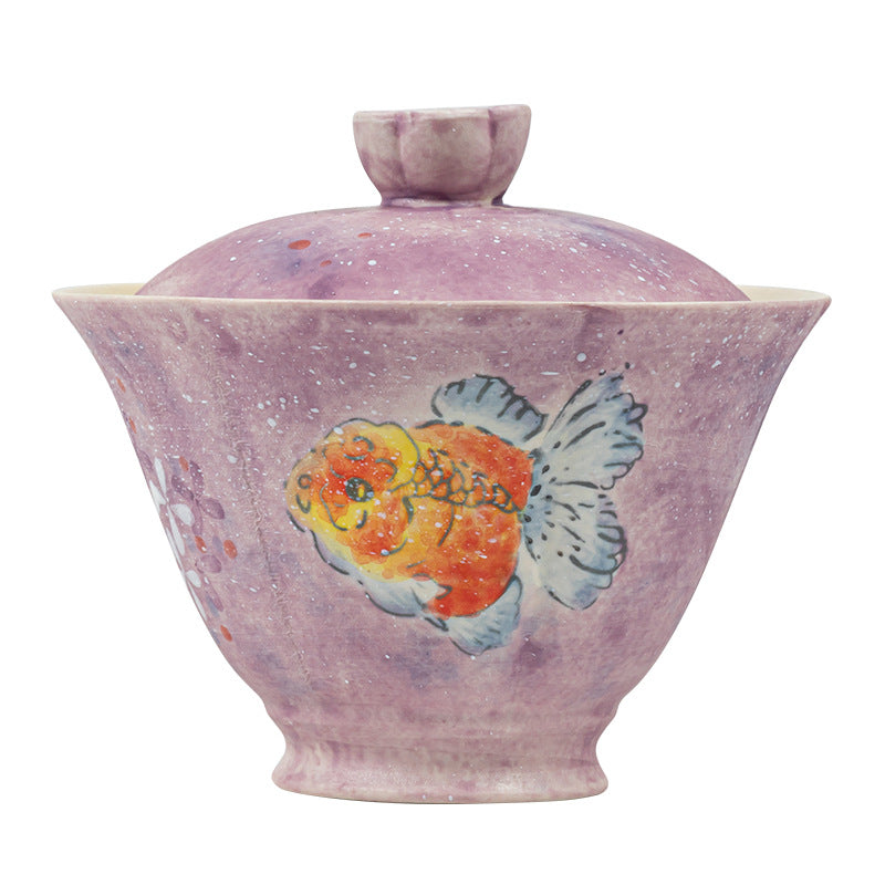 Ladies cover bowl purple tea cup ceramic is not hot, household high-end tea set under glaze hand-painted national style goldfish gift