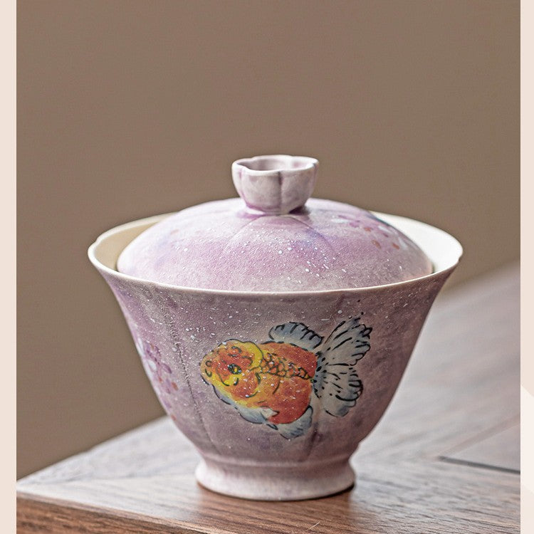 Ladies cover bowl purple tea cup ceramic is not hot, household high-end tea set under glaze hand-painted national style goldfish gift